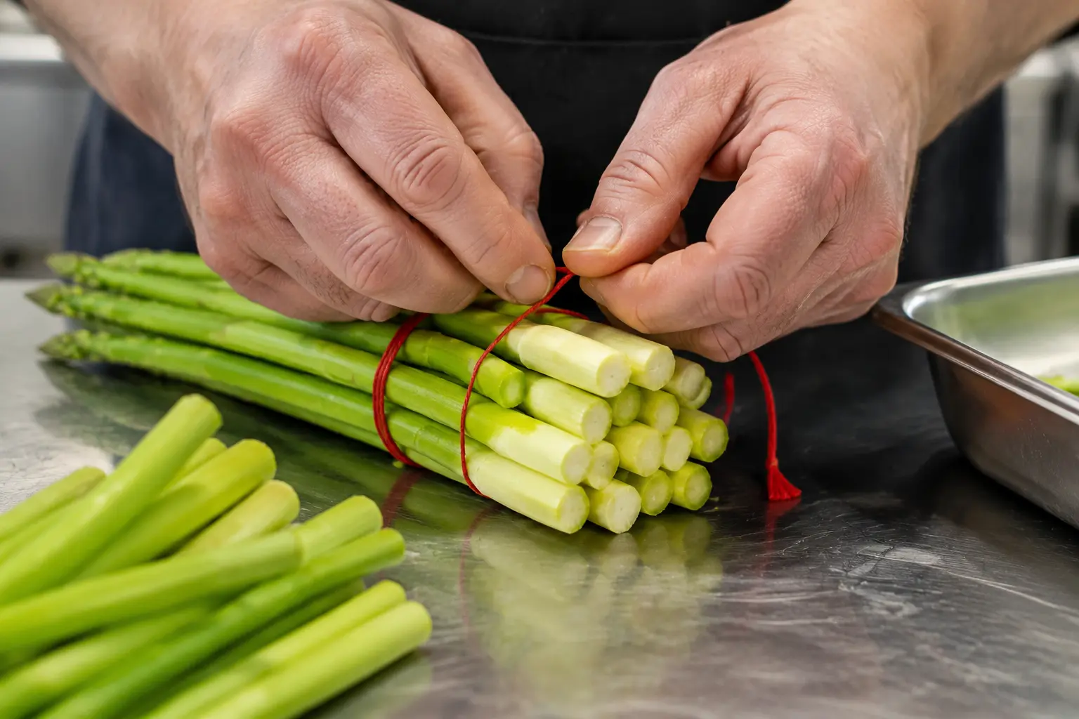 Adult culinary hands tying prepared green vegetables with kitchen twine